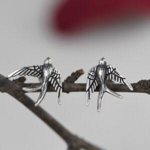 s925 sterling silver swallow shape stud earrings, a pair oxidized silver bird stud earrings