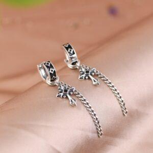 s925 sterling silver cross shape hoop earrings, a pair oxidized silver tassel earrings
