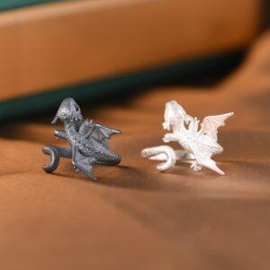 s925 sterling silver lizard shape adjustable ring, oxidized silver open ring