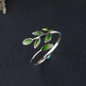 s925 sterling silver olive branch shape adjustable ring, oxidized silver open ring