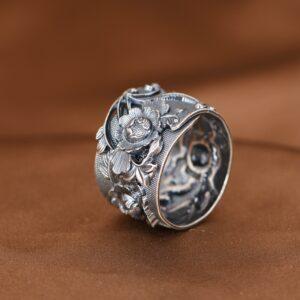 s999 fine silver peony flower shape adjustable ring, oxidized silver flower open ring