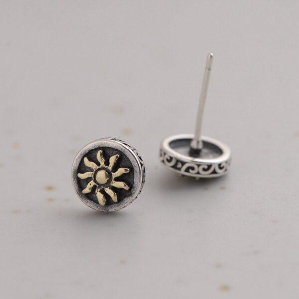 s925 sterling silver sun shape stud earrings, a pair oxidized silver stud earrings - Image 2