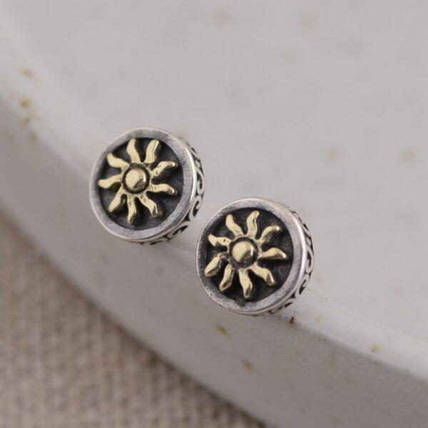s925 sterling silver sun shape stud earrings, a pair oxidized silver stud earrings - Image 3