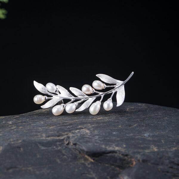 s925 sterling silver olive branch shape brooch, nice pearl leaf pin - Image 3