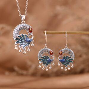 phoenix pendant, phoenix earrings, enamel pendant, oxidized s925 sterling silver pendant