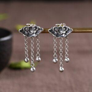 flower earrings, stud earrings, tassel earrings, silver earrings, s925 sterling silver earrings, oxidized silver earrings