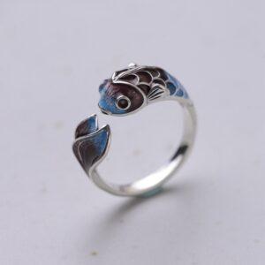 koi ring, fish ring, silver ring, blue ring, open ring, adjustable ring, enamel ring, s925 sterling silver ring