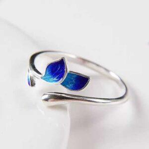 leaves ring, branch ring, silver ring, blue ring, green ring, open ring, adjustable ring, enamel ring, s925 sterling silver ring