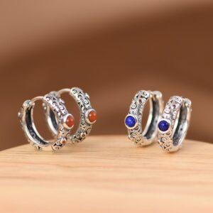 round earrings, agate earrings, lazurite earrings, nephrite earrings, s925 sterling silver earrings, hoop earrings