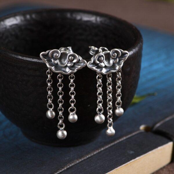 flower earrings, stud earrings, tassel earrings, silver earrings, s925 sterling silver earrings, oxidized silver earrings - Image 4