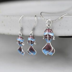 koi pendant, fish earrings, enamel pendant, s925 sterling silver pendant