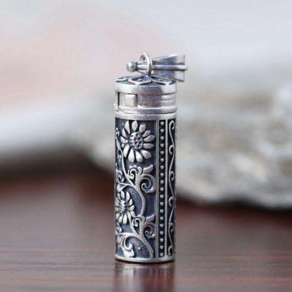 flower pendant, cylinder pendant, silver locket, retro pendant, s925 sterling silver pendant