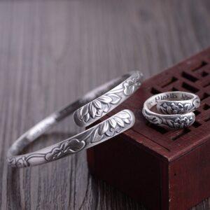 flower bangle, flower ring, openable bracelet, adjsutable bracelet, silver bangle, fine silver bracelet