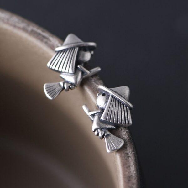 Witch on a broom earrings, stud earrings, sterling silver earrings, a pair earrings