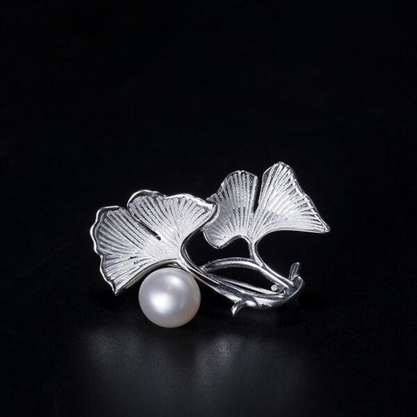 Ginkgo Leaf brooch, s925 sterling silver, pearl brooch, silver brooch, silver pin