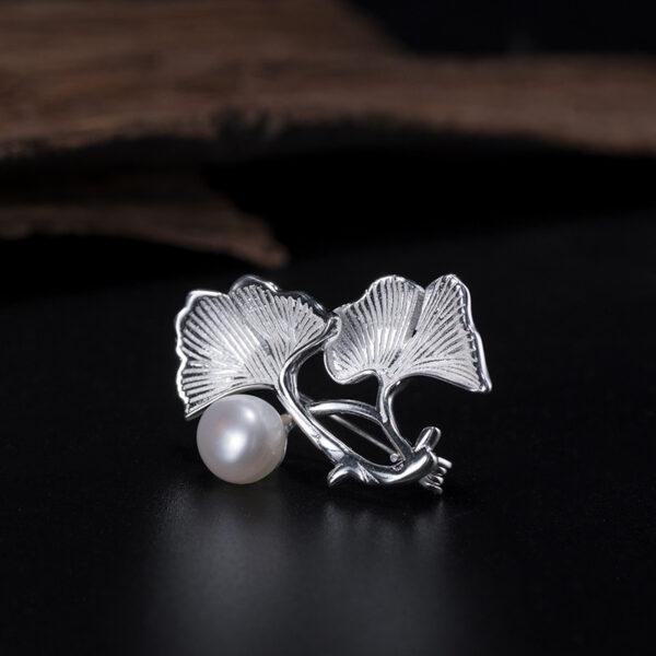 Ginkgo Leaf brooch, s925 sterling silver, pearl brooch, silver brooch, silver pin - Image 2