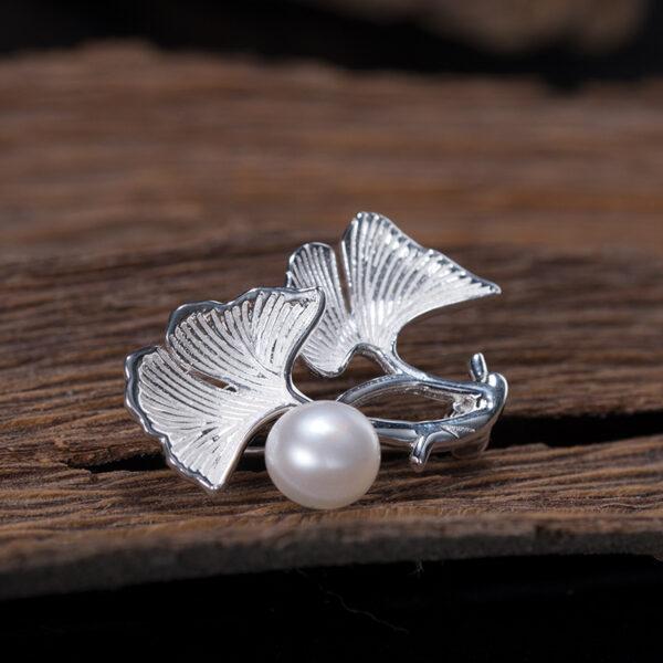 Ginkgo Leaf brooch, s925 sterling silver, pearl brooch, silver brooch, silver pin - Image 3