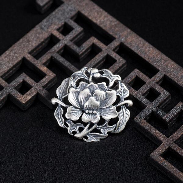 peony brooch, flower brooch, s925 sterling silver, retro brooch, silver brooch, silver pin - Image 3