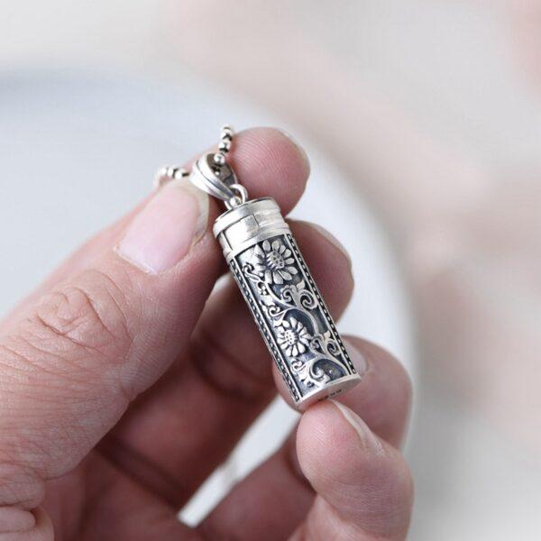 flower pendant, cylinder pendant, silver locket, retro pendant, s925 sterling silver pendant - Image 4