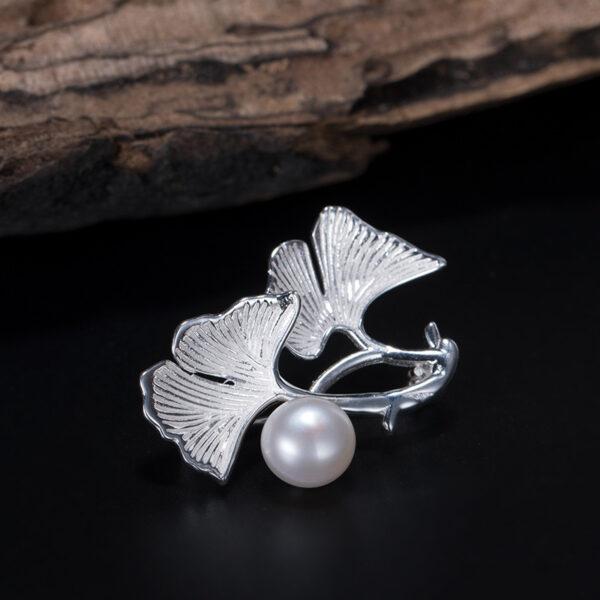 Ginkgo Leaf brooch, s925 sterling silver, pearl brooch, silver brooch, silver pin - Image 4