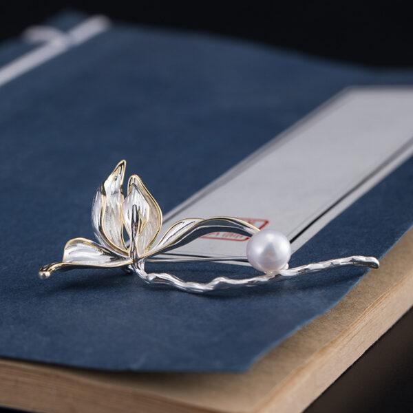 Magnolia brooch, flower brooch, s925 sterling silver, pearl brooch, silver brooch, silver pin - Image 4
