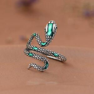 snake ring, silver ring, green ring, open ring, adjustable ring, s925 sterling silver ring, enamel ring