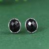 S925 Sterling Silver Fashion Facet Oval Black Agate Women's Stud Earrings