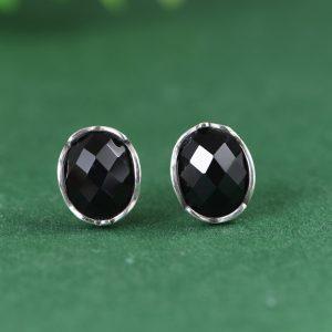 S925 Sterling Silver Fashion Facet Oval Black Agate Women's Stud Earrings