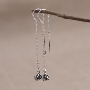 S925 Sterling Silver Polished Pom Pom Tassel Threader Dangle Earrings