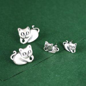 S925 Sterling Silver Matte Cat Stud Earrings