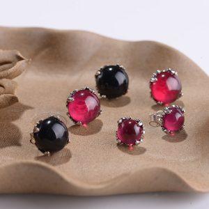 S925 Sterling Silver Fashion Round Agate Synthetic Ruby Prong Set Women's Stud Earrings