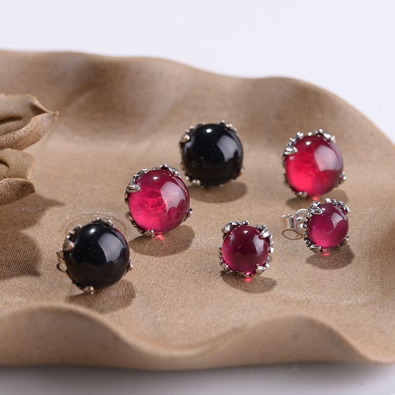 S925 Sterling Silver Fashion Round Agate Synthetic Ruby Prong Set Women's Stud Earrings