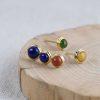 Gold Plated S925 Sterling Silver Fashion Round Amber & Lapis Lazuli Women's Stud Earrings