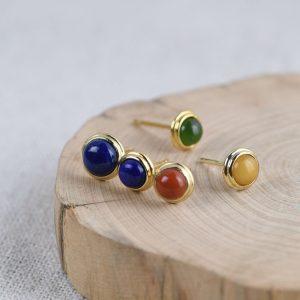 Gold Plated S925 Sterling Silver Fashion Round Amber & Lapis Lazuli Women's Stud Earrings