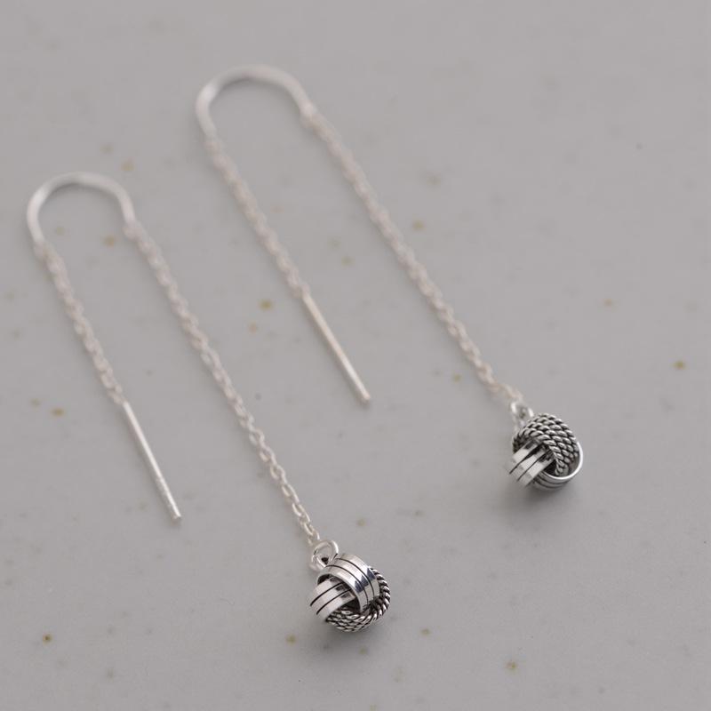 S925 Sterling Silver Polished Pom Pom Tassel Threader Dangle Earrings - Image 2