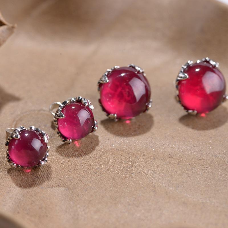 S925 Sterling Silver Fashion Round Agate Synthetic Ruby Prong Set Women's Stud Earrings - Image 2