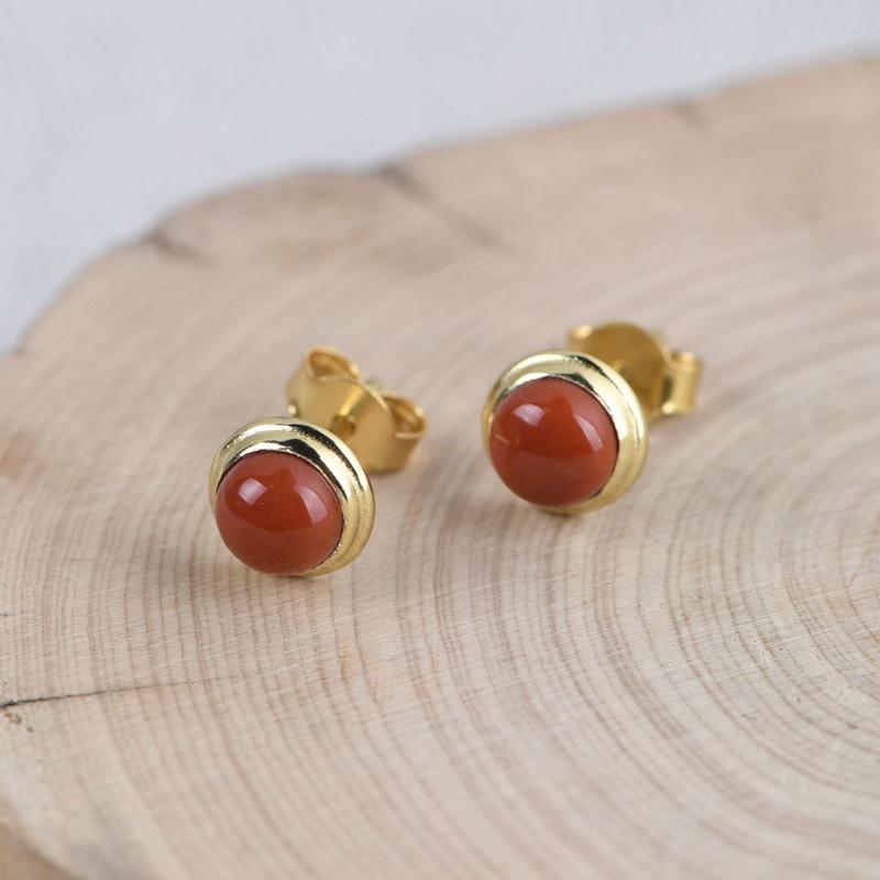 Gold Plated S925 Sterling Silver Fashion Round Amber & Lapis Lazuli Women's Stud Earrings - Image 2