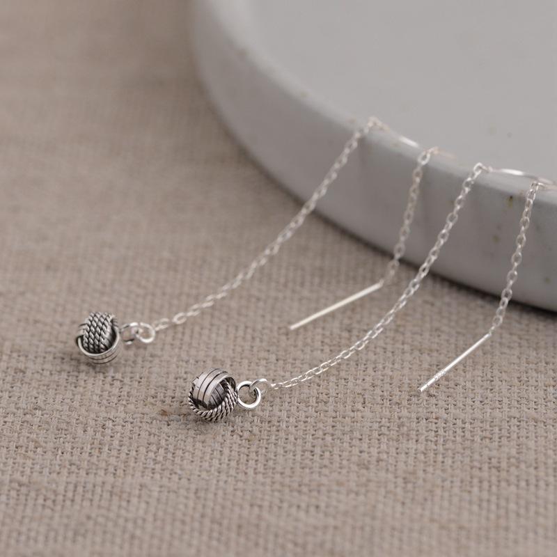 S925 Sterling Silver Polished Pom Pom Tassel Threader Dangle Earrings - Image 3