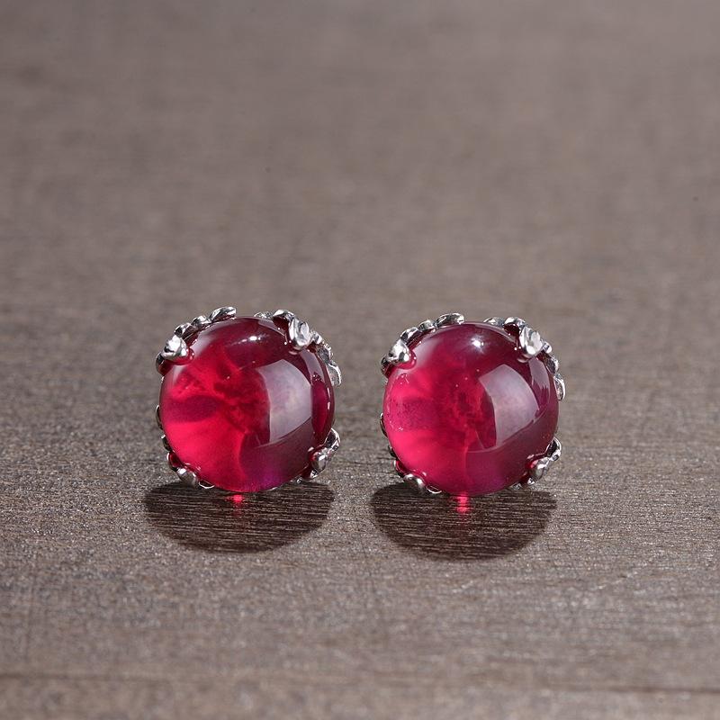 S925 Sterling Silver Fashion Round Agate Synthetic Ruby Prong Set Women's Stud Earrings - Image 3
