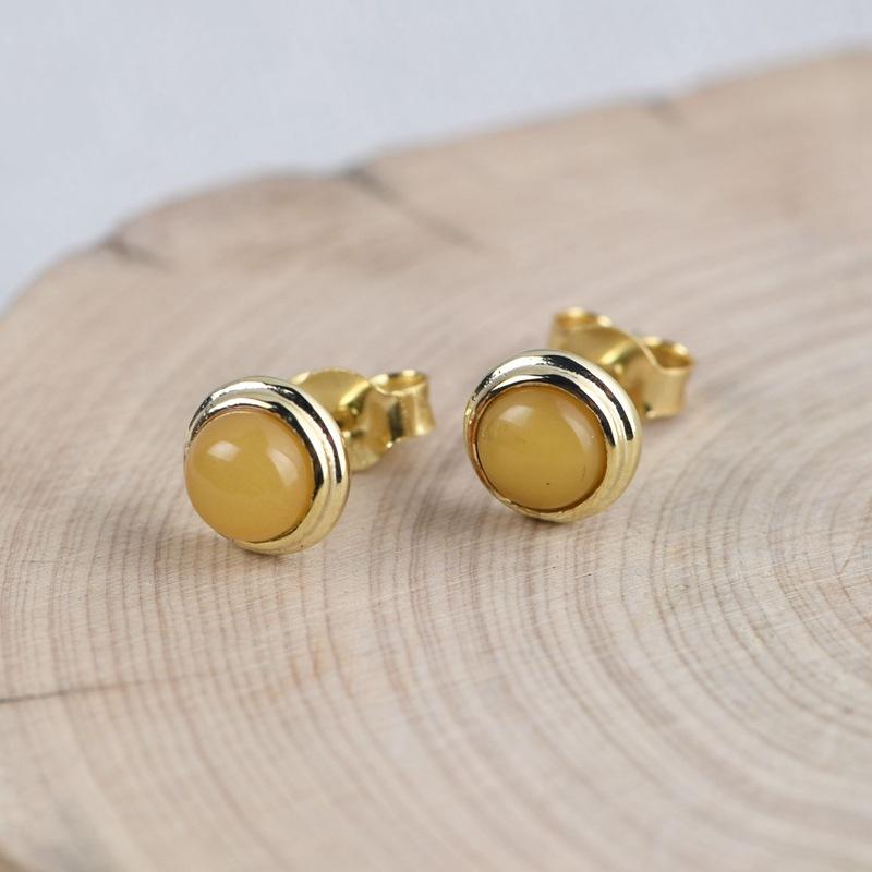 Gold Plated S925 Sterling Silver Fashion Round Amber & Lapis Lazuli Women's Stud Earrings - Image 3