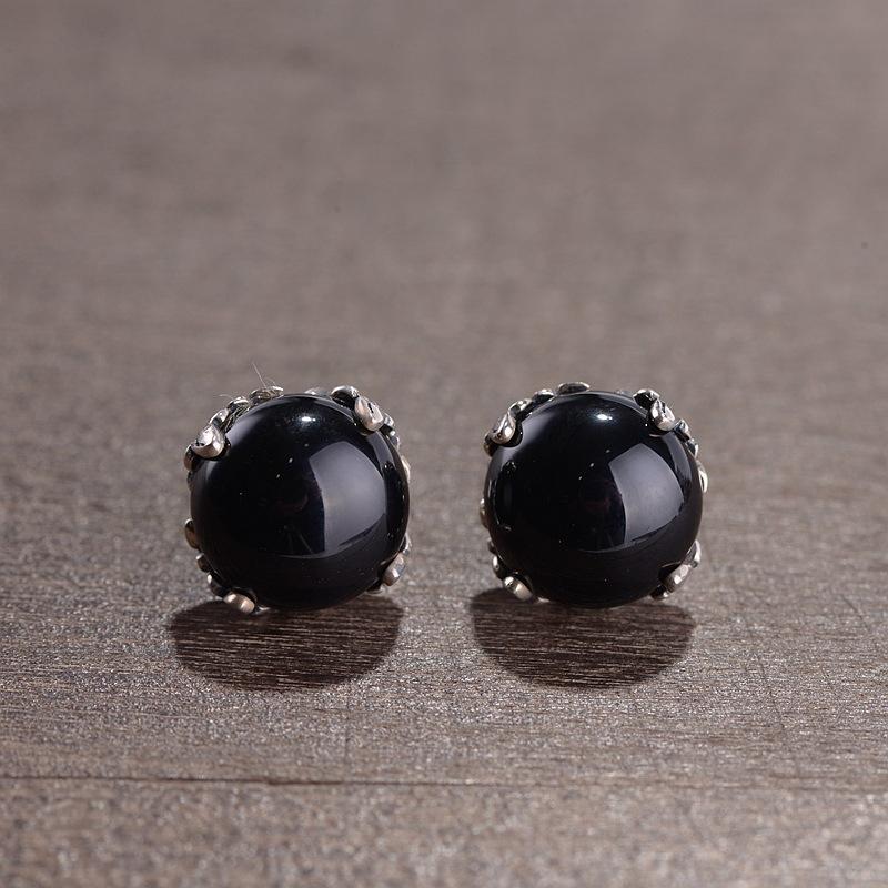S925 Sterling Silver Fashion Round Agate Synthetic Ruby Prong Set Women's Stud Earrings - Image 4