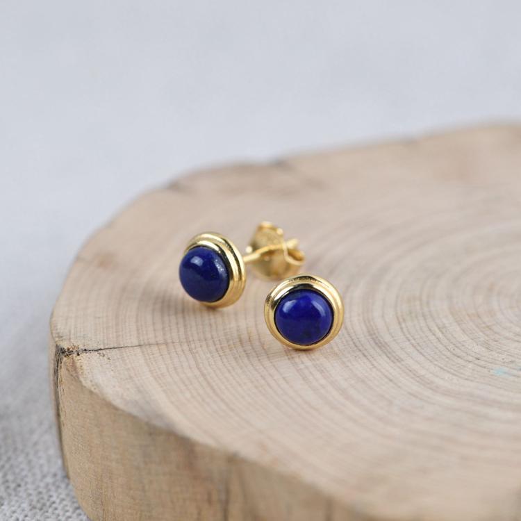 Gold Plated S925 Sterling Silver Fashion Round Amber & Lapis Lazuli Women's Stud Earrings - Image 4