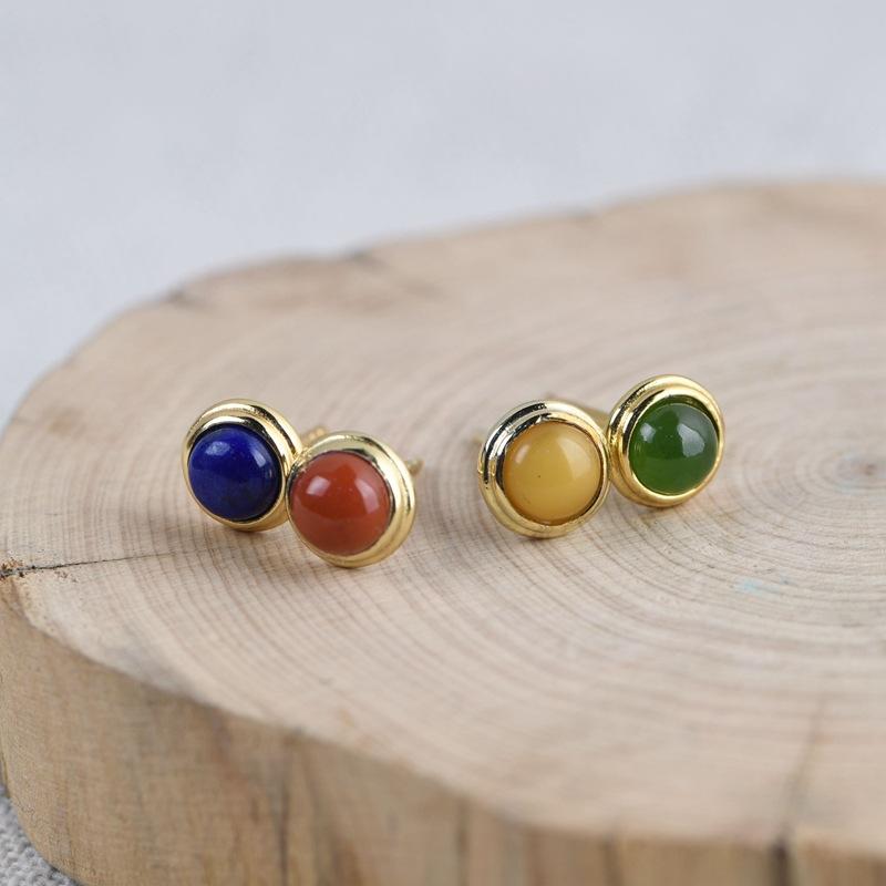 Gold Plated S925 Sterling Silver Fashion Round Amber & Lapis Lazuli Women's Stud Earrings - Image 5