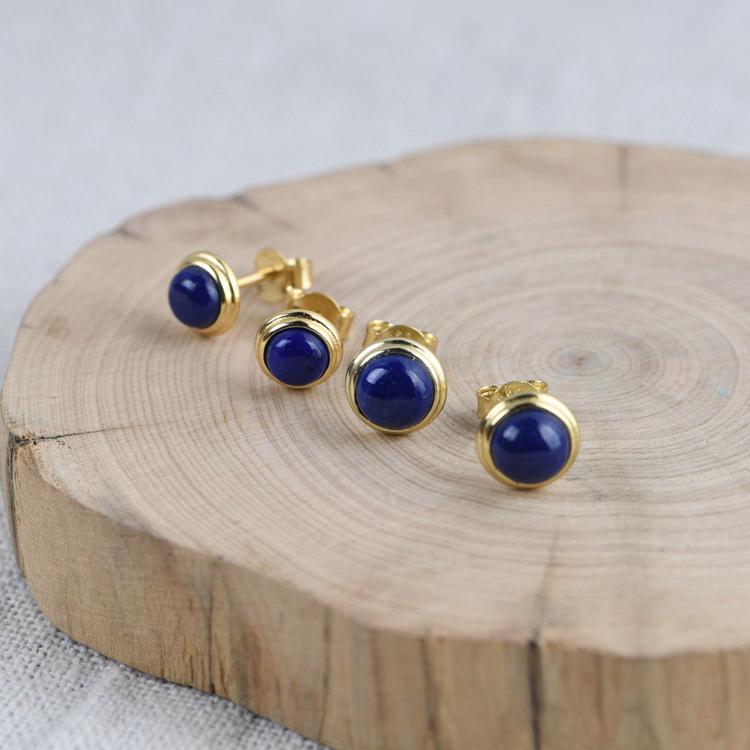 Gold Plated S925 Sterling Silver Fashion Round Amber & Lapis Lazuli Women's Stud Earrings - Image 6