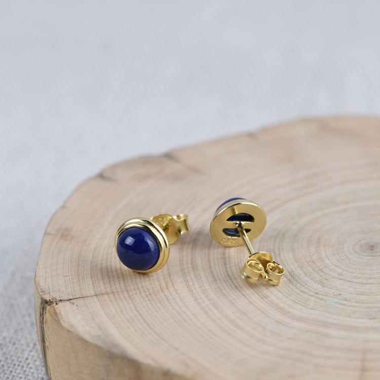 Gold Plated S925 Sterling Silver Fashion Round Amber & Lapis Lazuli Women's Stud Earrings - Image 7
