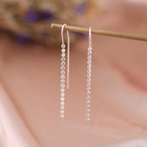 S925 Sterling Silver Long Tassel Flat Bead Threader Dangle Earrings