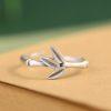 S925 Sterling Silver Bamboo Joint & Leaf Adjustable Open Ring