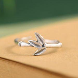 S925 Sterling Silver Bamboo Joint & Leaf Adjustable Open Ring