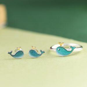 S925 Sterling Silver Enamel Dolphin Adjustable Open Ring
