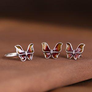 S925 Sterling Silver Enamel Buttefly Adjustable Open Ring